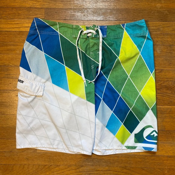 Quiksilver Other - Quiksilver Board Shorts Mens 38 Geometric Diamond Green Blue Swim Surf‎ Trunks